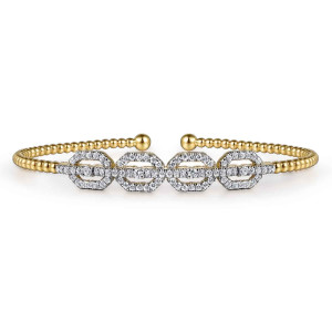 Gabriel & Co. BG4229-57Y45JJ 14 karat yellow gold Bujukan bangle, front view of the open beaded cuff with a row of angular diamond frames