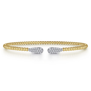 Gabriel & Co. BG4230-62Y45JJ 14 karat yellow gold Bujukan bangle, front view of the two pave teardrop plates facing each other at the gap of the beaded cuff