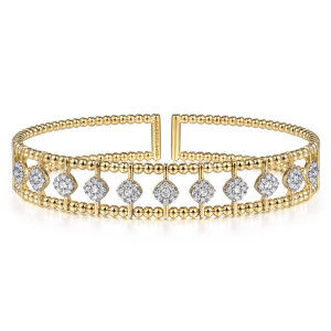 Gabriel & Co. BG4232-62Y45JJ 14 karat yellow gold Bujukan bangle, front view of two bead rails with a row of rounded square diamond pads between them