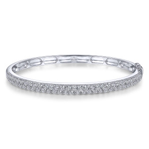 Gabriel & Co. BG4242-62W45JJ 14 karat white gold Lusso bangle, front view of the two close rows of diamonds with hexagonal recesses showing inside