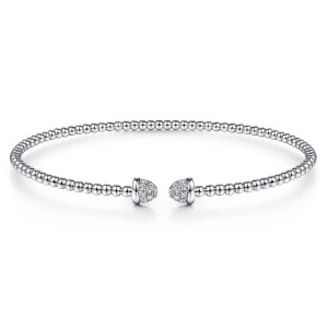 Gabriel & Co. BG4248-57W45JJ 14 karat white gold Bujukan bangle, front view of a plain beaded cuff with a domed diamond cap at each side of the gap