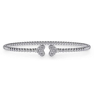 Gabriel & Co. BG4253-57W45JJ 14 karat white gold Bujukan bangle, front view of two hearts covered in tiny diamonds facing each other at the gap