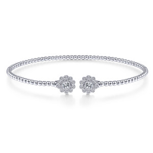 Gabriel & Co. BG4254-62W45JJ 14 karat white gold Bujukan bangle, front view of the open bead cuff with a colorless flower cap on each end