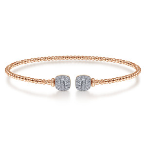 Gabriel & Co. BG4258-57K45JJ 14 karat rose gold Bujukan bangle, front view of the two rounded square diamond pads divided into a grid by lines of lighter metal