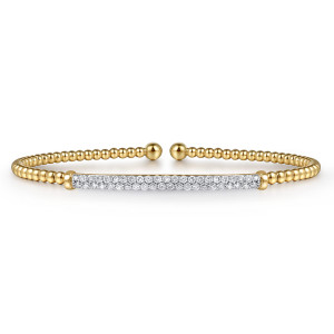 Gabriel & Co. BG4262-62Y45JJ 14 karat yellow gold Bujukan bangle, front view of the long stone bar centered between two ball ends and a bead strand