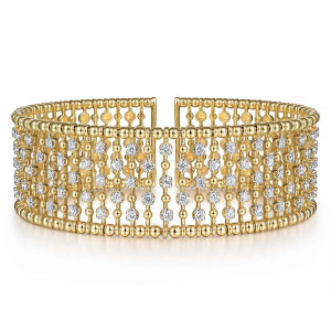 Gabriel & Co. BG4285-57Y45JJ 14 karat yellow gold Bujukan bangle, front view of the wide cuff, bead strands with prong-set diamonds and a center gap