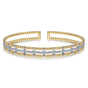 Gabriel & Co. BG4323-6M45JJ 14 karat white and yellow gold Bujukan bangle, front view of the diamond row between two bead rows, crossed by short lighter tone bars