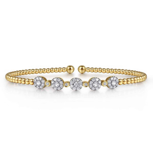Gabriel & Co. BG4335-57Y45JJ 14 karat yellow gold Bujukan bangle, front view of five diamond clusters linked by tiny bezel set diamonds between ball ends