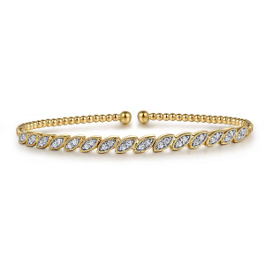Gabriel & Co. BG4336-57Y45JJ 14 karat yellow gold Bujukan bangle, front view of leaf-shaped diamond frames tilting along the band, with a round ball at each end