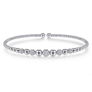 Gabriel & Co. BG4362-57W45JJ 14 karat white gold Bujukan bangle, front view of the pave clusters alternating with larger beads and the small bead ends