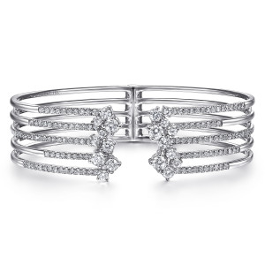 Gabriel & Co. BG4365-65W84JJ 18 karat white gold Waterfall bangle, front view of five parallel bands with staggered diamond clusters facing across the gap