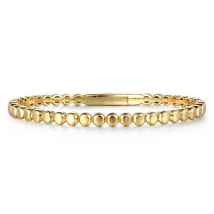 Gabriel & Co. BG4367-57Y4JJJ 14 karat yellow gold Contemporary bangle, front view of the single row of flattened beads, the flat marked plate visible at the back