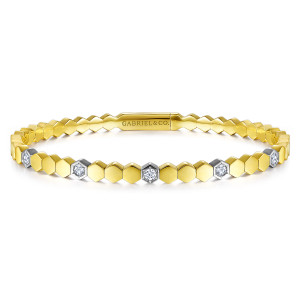 Gabriel & Co. BG4368-65M45JJ 14 karat white and yellow gold Contemporary bangle, front view of linked hexagon plates with lighter diamond hexagons spaced between plain ones