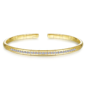 Gabriel & Co. BG4370-62Y45JJ 14 karat yellow gold Contemporary bangle, front view of the segmented open cuff with its long row of diamonds below the plain ends