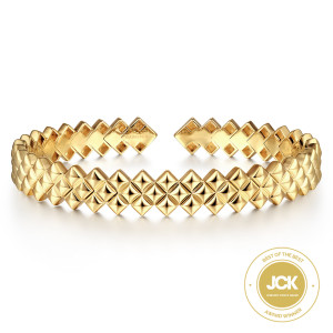 Gabriel & Co. BG4373-65Y4JJJ 14 karat yellow gold Contemporary bangle, front view of staggered pyramid studs with stepped zigzag ends and a maker's mark inside