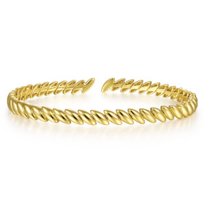 Gabriel & Co. BG4376-62Y4JJJ 14 karat yellow gold Contemporary bangle, front view of the slanted almond links and the open back of the shells