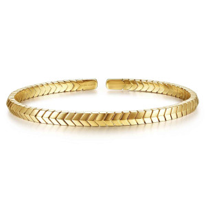 Gabriel & Co. BG4391-57Y4JJJ 14 karat yellow gold Contemporary bangle, front view of the herringbone band with flat tab ends and a maker's mark inside one end