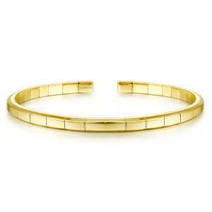 Gabriel & Co. BG4393-62Y4JJJ 14 karat yellow gold Contemporary bangle, front view of the block segments with fine seams and the flat square ends at the gap