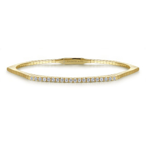 Gabriel & Co. BG4398-65Y45JJ 14 karat yellow gold Contemporary bangle, front view of the single diamond line over a segmented band and the flat closure plate