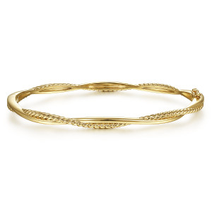Gabriel & Co. BG4401-65Y4JJJ 14 karat yellow gold Hampton bangle, front view of the smooth and rope strands crossing around long oval openings