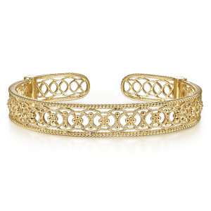 Gabriel & Co. BG4402-65Y4JJJ 14 karat yellow gold Victorian bangle, front view of the linked ring panel between rope edges and the openwork end plates