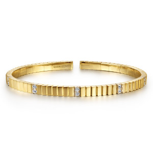 Gabriel & Co. BG4409-57M45JJ 14 karat white and yellow gold Contemporary bangle, front view of the tiled plate cuff with paired diamond stations and a maker's mark inside