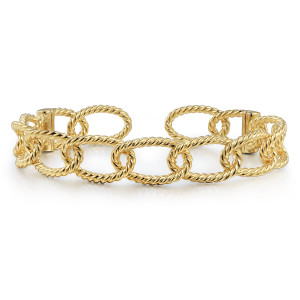 Gabriel & Co. BG4417-62Y4JJJ 14 karat yellow gold Hampton bangle, front view of interlocking oval links of twisted wire with a small smooth bar near each end