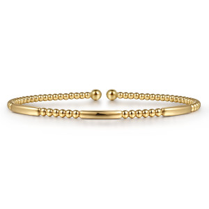 Gabriel & Co. BG4419-57Y4JJJ 14 karat yellow gold Bujukan bangle, front view of three smooth rounded bars separated by short runs of polished beads