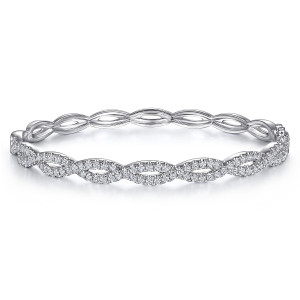 Gabriel & Co. BG4426-65W45JJ 14 karat white gold Lusso bangle, front view of the twisted diamond strands crossing into open oval loops
