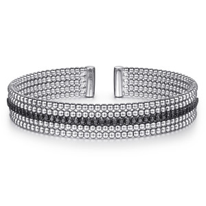 Gabriel & Co. BG4449-57SVJBS sterling silver Bujukan bangle, front view of the stacked bead rows with the black stone line in the center