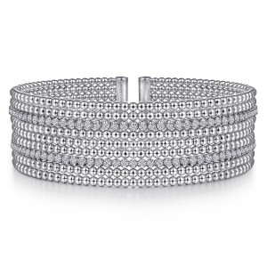 Gabriel & Co. BG4450-62W45JJ 14 karat white gold Bujukan bangle, front view of two diamond lines set among plain bead rows with the gap behind them