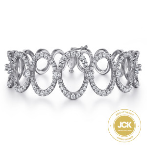 Gabriel & Co. BG4477-65W84JJ 18 karat white gold Lusso bangle, front view of open diamond-rimmed ovals, joining stones and the tongue clasp at the top