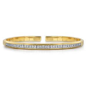 Gabriel & Co. BG4524-57Y45JJ 14 karat yellow gold Contemporary bangle, front view of the segmented cuff with a single row of small diamonds along its face