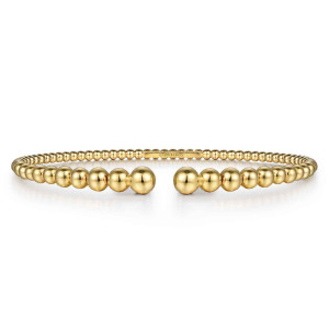 Gabriel & Co. BG4585-57Y4JJJ 14 karat yellow gold Bujukan bangle, front view of the open cuff with the largest round beads meeting at the gap