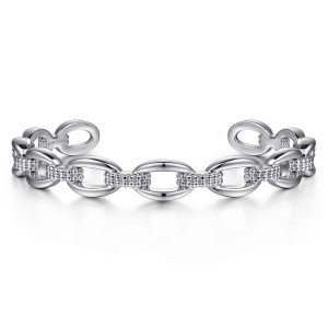 Gabriel & Co. BG4590-57SVJJJ sterling silver Bujukan bangle, front view of the glossy oval links with bead block connectors and open end links