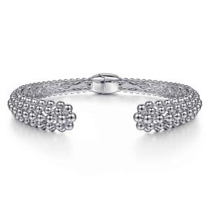 Gabriel & Co. BG4592-57SVJJJ sterling silver Bujukan bangle, front view of the cuff with clustered bead ends and the lattice inside the band