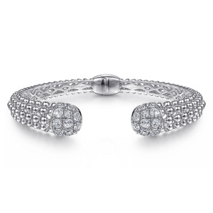 Gabriel & Co. BG4593-6SVJWS sterling silver Bujukan bangle, front view of the open cuff with both stone covered end caps and the pierced inner lattice