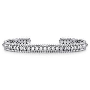 Gabriel & Co. BG4594-57SVJJJ sterling silver Bujukan bangle, front view of the open cuff with its large center beads and tiny bead edges