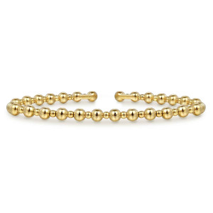 Gabriel & Co. BG4602-57Y4JJJ 14 karat yellow gold Bujukan bangle, front view of alternating large and small beads with a maker's mark on the end bar