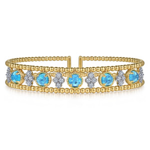 Gabriel & Co. BG4614-6Y45BT 14 karat yellow gold Bujukan bangle, front view of two bead rails holding round blue stones alternating with cloverleaf diamond clusters