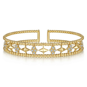 Gabriel & Co. BG4615-57Y45JJ 14 karat yellow gold Bujukan bangle, front view of the open cuff, pointed pieces and diamond clusters set between two beaded rails
