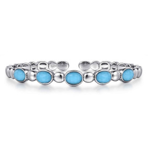 Gabriel & Co. BG4686-57SVJXT sterling silver Bujukan bangle, front view of five blue oval stones alternating with round beads, the open gap behind