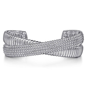 Gabriel & Co. BG4691-57SVJJJ sterling silver Bujukan bangle, front view of the crossover face with the beaded field passing over the ribbed band