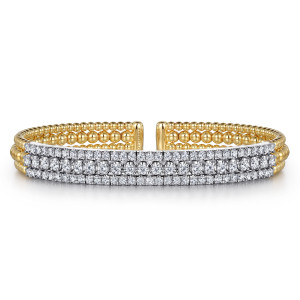 Gabriel & Co. BG4708-6M45JJ 14 karat white and yellow gold Bujukan bangle, front view of the three diamond rows with larger stones in the middle row