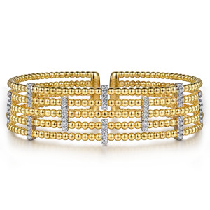 Gabriel & Co. BG4712-6M45JJ 14 karat white and yellow gold Bujukan bangle, front view of the bead strands with staggered diamond bars and the gap between flat end plates