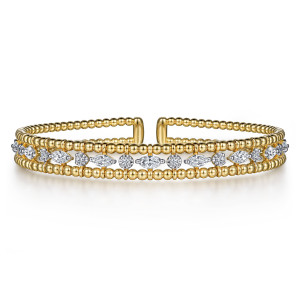 Gabriel & Co. BG4716-6Y44JJ 14 karat yellow gold Bujukan bangle, front view of the cuff with colorless marquise diamonds between small round diamonds in lighter frames