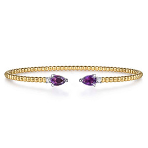 Gabriel & Co. BG4718-57M45AM 14 karat white and yellow gold Bujukan bangle, front view of the two purple pear stones facing each other beside small diamonds