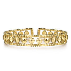 Gabriel & Co. BG4722-57Y4JJJ 14 karat yellow gold Bujukan bangle, front view of the faceted hexagon studs set between the two bead strands
