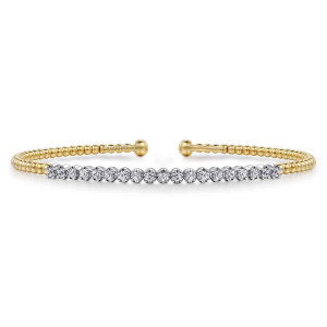 Gabriel & Co. BG4781-57M45JJ 14 karat white and yellow gold Bujukan bangle, front view of one straight row of round prong set diamonds between warm bead sections