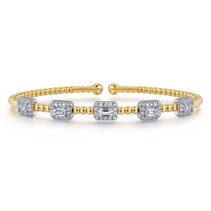 Gabriel & Co. BG4784-6M44JJ 14 karat white and yellow gold Bujukan bangle, front view of five rectangular halo stations joined by short runs of beads below the open gap